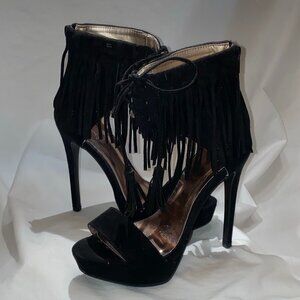 Size 5.5 Qupid Black Suede Stiletto With Fringe Cuff